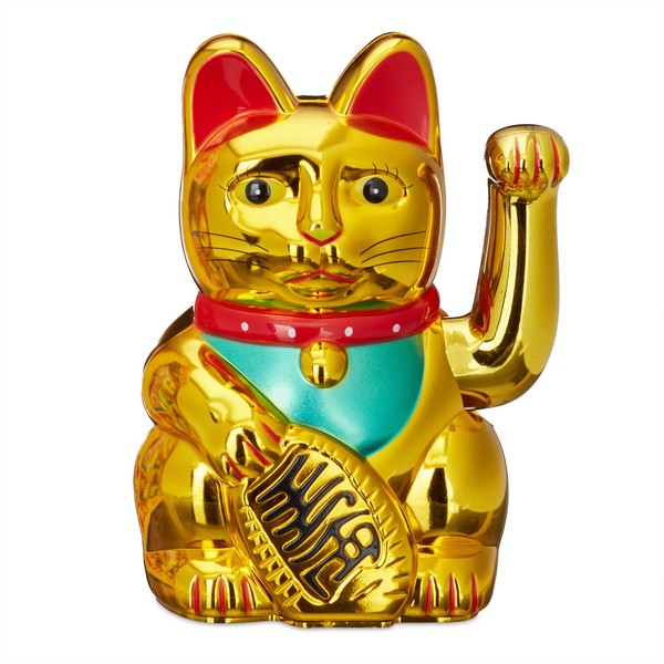 Relaxdays Maneki Neko Waving Cat Good Luck Bringer, Gold, 8 x 10 x 16 cm