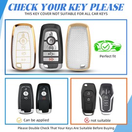 Car Key Cover for Ford, Soft TPU Protection Key Case Compatible With Ford Maverick Lincoln Fusion F150 F250 F350 F450 F550, 5 Buttons Remote Key Protector with Bling Heart Keychain (Gold-White)