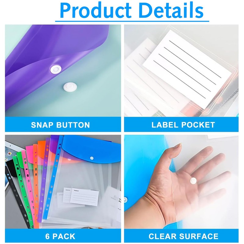 6 Pack Plastic Wallets A4 Punched Pockets, Expandable Poly Pockets