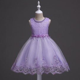 DreamHigh Flower Girl's Floral-Embroidered Pearl Embellished Evening Dress Up Purple - 8Y