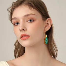 SELOVO Green Stone Fishhook Dangly Drop Earrings for Women Mother Silver Tone