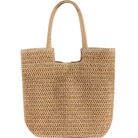 WantGor Straw Beach Bags, Women Summer Woven Tote Bag Large Boho Shoulder Handbags Casual Travel Beach Bag Foldable Hobo Bags (Khaki)