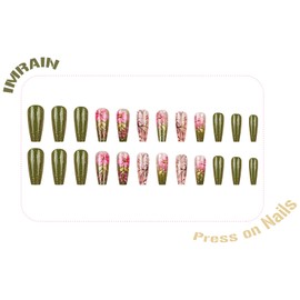 IMRAIN 24pcs Green Pink Flower Coffin Press-On False Nails with Glossy Finish, Full Cover, Plastic Material, Fashion Style, Perfect for Parties, Dating, Prom & More