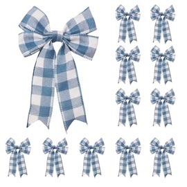 Meseey 12 Pcs Royal Blue and White Plaid Buffalo Plaid Burlap Wired Ribbon Bows – 5 x 7 Inch Rustic Tartan Check Farmhouse Decor for Christmas, Weddings & Gift Wrapping