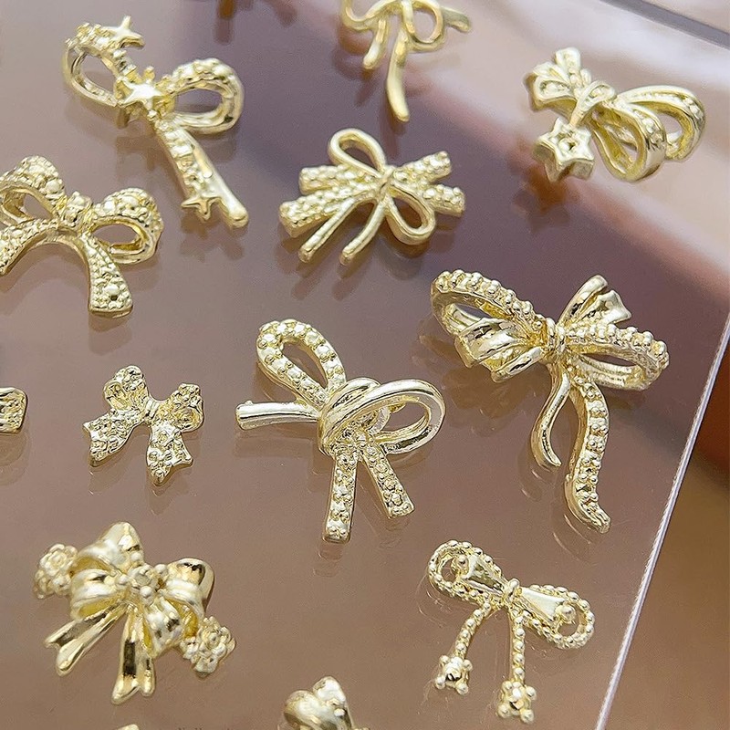 34 Pezzi Metallo Bow Nail Charms Oro 3D Dolce Fiocco