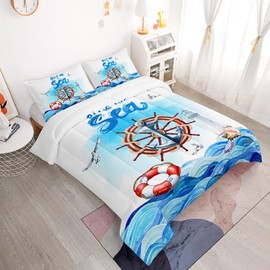 Suncloris Nautical Blue White Ocean Wave Comforter Set for Kids Teens, Queen Size Lighthouse Compass Anchor Bedding Comforter with 2 Nautical Sea Sailing Pattern Pillowcases- 90" x 90" (Queen, 03)