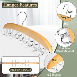NANATI 2 Pack Bra Hangers for Closet Organizer, Bra Organizer with 40 Stainless Steel Hooks, Wooden Tank Top Hanger, Closet Organizers and Storage for Bras Camis Belts Ties, Natural