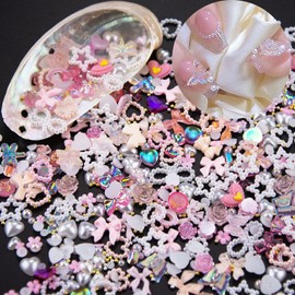 500Pcs Assorted Pearls 3D Nail Charms Pink Color Multi Shapes Heart Flower Bowknot Nail Charms Mix Heart Star Bows Round White Pearls Nail Beads Charms for Manicure DIY Crafts Jewelry Accessories