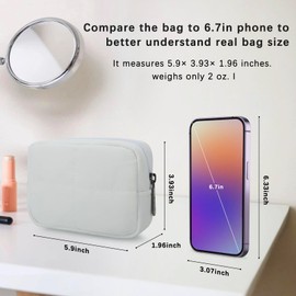 JINSI Small Makeup Bag for Purse, Quilted Travel Cosmetic Bag, Zipper Cosmetic Pouch Organizer Toiletry Bag, Make Up Bags for Women Girls, White