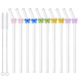 Glass Straws, Pack of 14 Reusable Glass Straws with Matching Motif, Ideal for Smoothies, Tea, Juice and Milkshakes, Includes 2 Cleaning Brushes, 20 cm Length