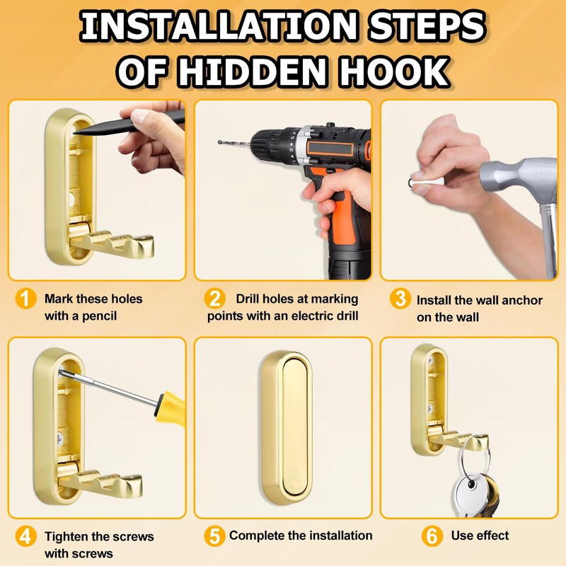 Yuyueda 4 Pcs Foldable Wall Hook,Folding Hooks Heavy Duty,Gold Coat