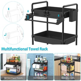 SPACEKEEPER Rolling Storage Cart, 3 Tier Utility Cart Laundry Room Organization Mobile Shelving Unit Bathroom Organizer with Towel Rack, Lockable Wheel, Hooks & Cup for Kitchen Office, Black