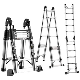 xixi-home Telescoping Ladder A-Frame 8.2+8.2ft Stainless Steel Folding Extension Ladder with Non-Slip Feet, 330 lbs Load Multi-Purpose Collapsible Ladder ，for Outdoor Work RV Attic-2.5+2.5m