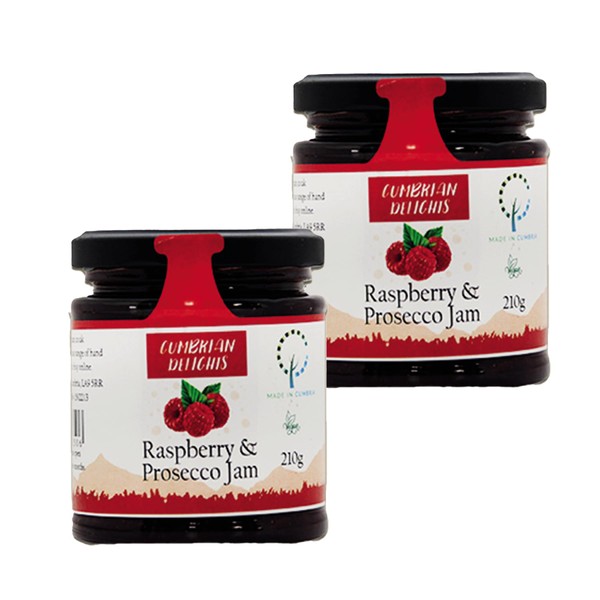 Cumbrian Delights Raspberry & Prosecco Jam Twin Pack, Classic & Fruity Flavour, Handcrafted in the Lake District, No Flavouring, Additives & Preservatives, Nut & Gluten Free, Vegan 2 x 210g