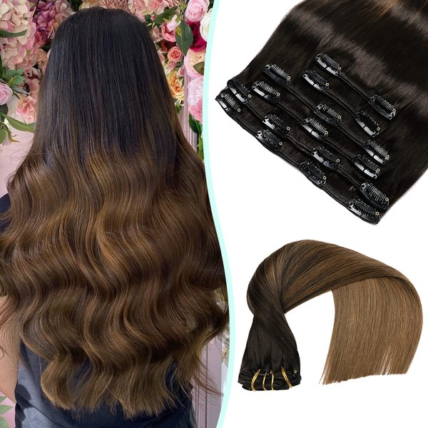 VINBAO 18 Inch Clip in Hair Extensions Silk Straight Human Hair Extensions Color 1B Off Black Fading To 4 Chocolate Brown Clip in Extensions 120 Gram 6Pcs Clip in Hair Extension(#1BT4-18Inch)