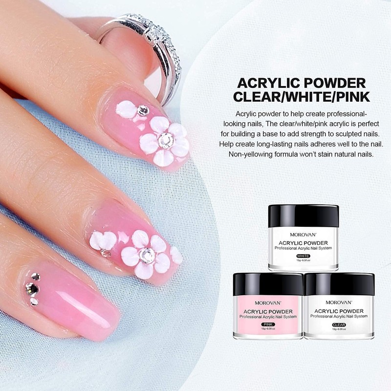 Morovan Acrylic Nail Kit: Clear Pink White Powder and Professional