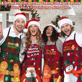 Pack of 4 Plus Size Christmas Apron Funny Christmas Cooking Apron for Women Men Adjustable Kitchen Aprons Waterproof Apron for Kitchen Baking Christmas Party Christmas Gift Checked