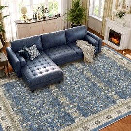 WITSHOCK Boho Washable Area Rug 9x12: Modern Vintage Moody Retro Aesthetic Neutral, Low Pile Non Slip Stain Resistant Ultra-Thin Large Area Rugs for Bedroom, Living Room, Playroom, Light Blue