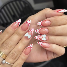 Medium Press on Nails Almond Fake Nails French Tip False Nails with Red Heart Design Glue on Nails Bow Full Cover Stick on Nails Cute Acrylic Nails for Women Manicure 24Pcs