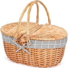 Happypicnic Wicker Picnic Basket with Handle, 15" Large Empty Picnic Basket with Lid & Removable Liner, Vintage Hand Woven Basket for Picnics, Camping, Veg Picking, Mother's Day, Thanksgiving (Check)