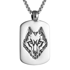 Wolf Tag Necklace for Men, Norse Viking Wolf Head Pendant Necklace with 27.6” Chain, Retro Wolf Totem Necklace, Vintage Wolf Signet Amulet Necklace, Punk Animal Wolf Jewelry for Men