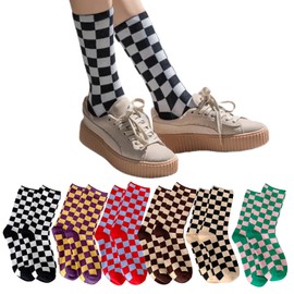 LONGSILVER Plaid Socks Women 6 Pairs Crew Socks Casual High Ankle Checked Sock (6Pcs)