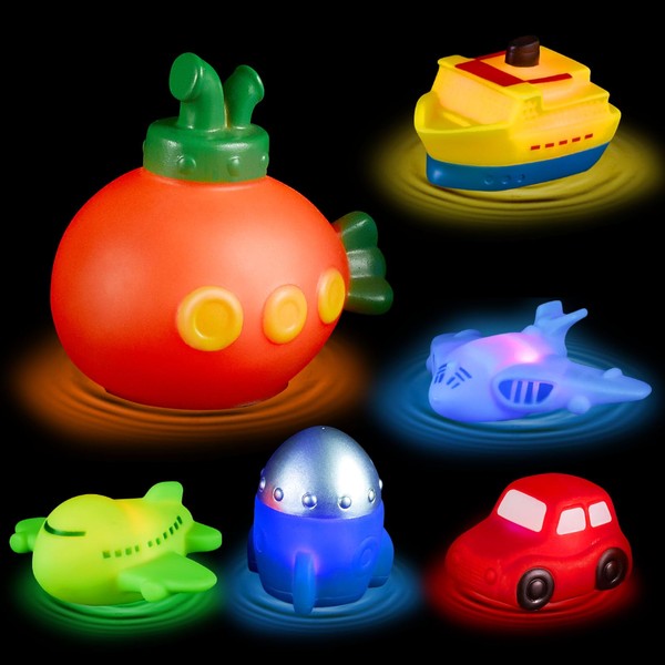 Bath Toy Transport Bath Toy with Light 6 Pieces Floating Submarine Rocket Ship Car Aeroplane Bathroom Toy Gift for Children