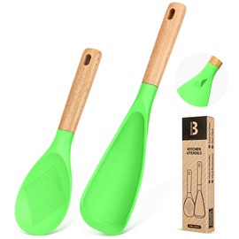 Cooking Spoon and Rice Scooper for Nonstick Cookwares, Great for Cooking and Serving Sturdy BPA-Free Matte Silicone, Wood Handle Spoon for Mixing, Scoop, and Scrape, Turquoise