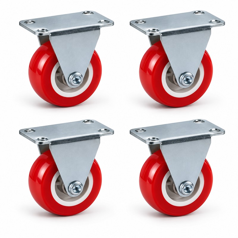 4-Pack 1.5-Inch Red Fixed Caster Wheels – Metal Plate Mount