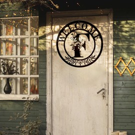 Initial Welcome Sign Front Door Wreath, 12 Inch Metal Monogrammed Sign Farmhouse Porch Sign Wall Art Decor, Monogram Rustic Welcome Wreath for Indoor Outdoor (Letter A)