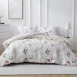 Mooreeke Floral Twin Size Comforter Sets, White Vintage Botanical Flower Printed Bedding for All Seasons, 2-Piece Vintage Bed in a Bag with Fluffy Quilted Reversible Comforter & Pillow Sham