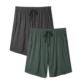 DAVID ARCHY Mens Pajama Shorts Bamboo Rayon Sleep Shorts Soft Comfy Breathable Lounge Pants with Pockets 2 Pack (L, Heather Dark Green/Heather Grey)