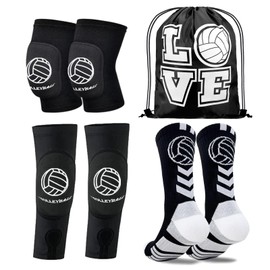 4Pcs Volleyball Knee Pads and Arm Sleeves Set with Protection Pads – Includes Volleyball Socks and Drawstring Bag for Youth, Girls – Perfect for Volleyball Training and Games (Black, Small)