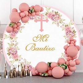 Laeacco Baby Baptism Round Backdrop Cover 6.5x6.5ft Polyester Mi Bautizo Photography Backdrop Pink Floral Flowers Cross Girls First Holy Communion Baby Shower Party Decoration Photo Studio Shoot Props