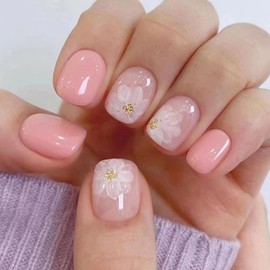 Press On Nails Short，Acrylic Nails Press on ，Short Square Press on Nails Fake Nails Glossy Pink False Nails with Iced Camellia Press ons Designs Artificial Nails Stick on Nails for Women Girls 24Pcs