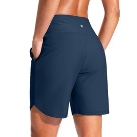 G Gradual Women's 7" Quick Dry Swim Board Shorts Swimming Bottoms High Waisted Beach Shorts for Women with Liner Pockets(Dark Blue,L)