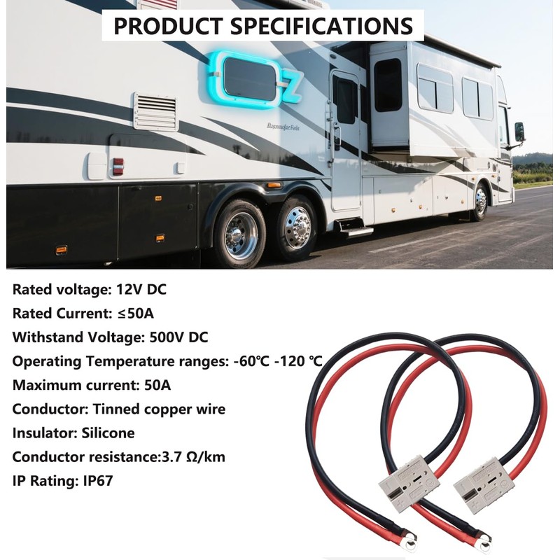 2 Pack 8AWG Cable with 50A Connectors for LiFePO4 Battery,