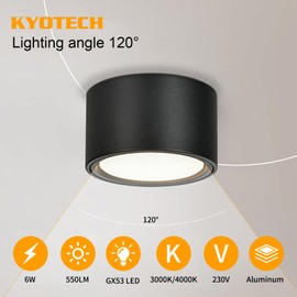 KYOTECH LED Surface-Mounted Light, Black, Surface-Mounted Spotlight, Flat with 6 W LED GX53 230 V, Surface-Mounted Spotlight, Warm White, 3000 K, Surface-Mounted, Diameter 95 x 55 mm, Round Aluminium