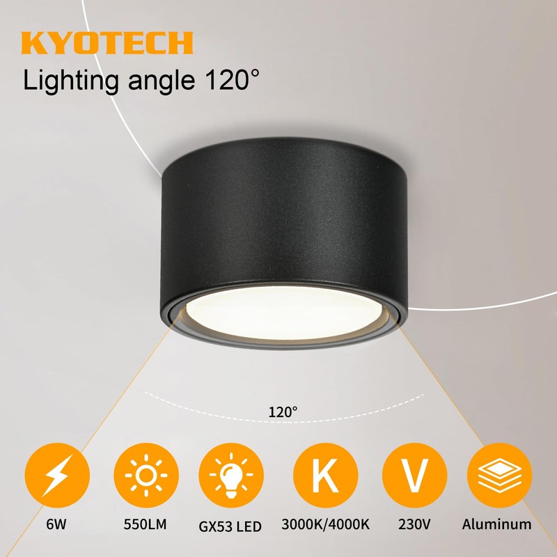 KYOTECH LED Surface-Mounted Light, Black, Surface-Mounted Spotlight, Flat with 6