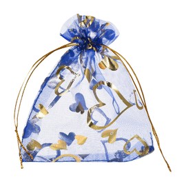 sourcing map Organza Bag 4" x 6", Sheer Heart Mesh Bags Drawstring Gift Bulk Party Favor Jewelry Pouches for Wedding Candy Valentines (Bright Blue-Gold, Pack of 50)