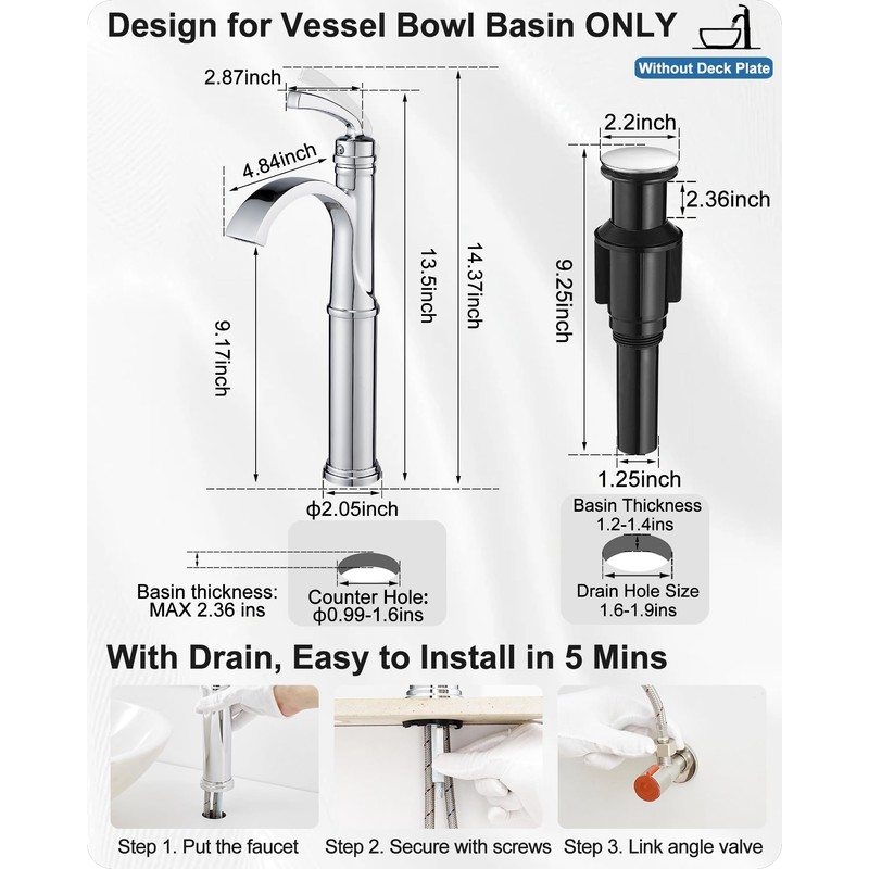 HEYMYTAP Tall Waterfall Bathroom Faucet Chrome, Single Handle Brass Vessel