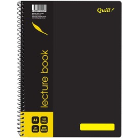 Quill, Lecture Book A4, 140 Pages, 8mm ruled, 70gsm, 7 Punched Holes, with Red Margin and Perforated Pages, Water Resistent Black Cover