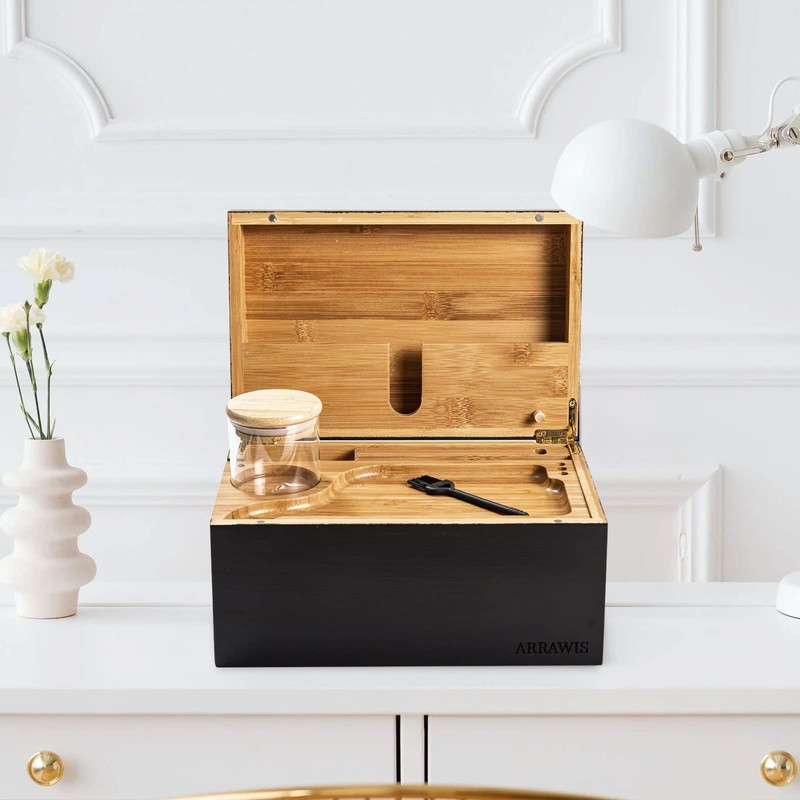 ARRAWIS Large Bamboo Storage Box with Removable Tray Kit -