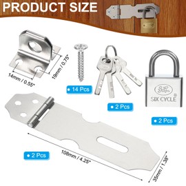 PATIKIL Door Lock Hasp Latch 4.3 Inch,2 Set Stainless Steel Safety Hasp Lock Clasp Hinge Packlock(40mm) with Screws/Key for Door Gate Cabinet Closet, Silver
