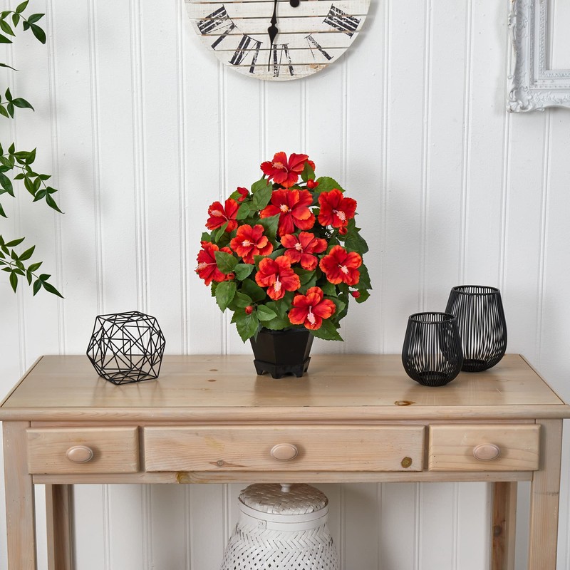 Nearly Natural Hibiscus with Black Hexagon Vase Silk Plant