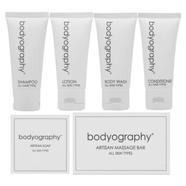 World Amenities Bodyography Blanc Mini Travel Size Toiletries Bathroom Kit | Vanilla White Tea| Shampoo, Conditioner, Body Wash, Lotion, Artisan Soap and Massage Bar