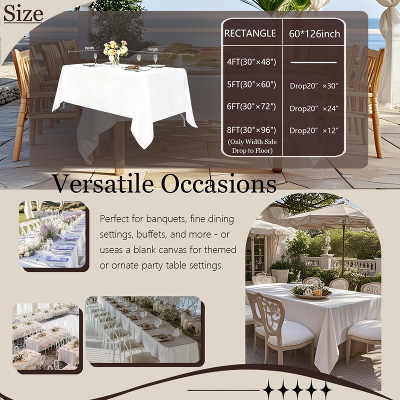 12 Pack White Tablecloths for Rectangle Tables, 60 x 126