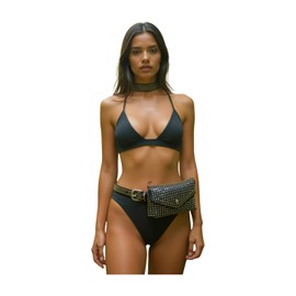 Women Fashion Skinny Black Faux Lerather Belt Hip Waist Silver Metal Studs Wallet Bag Size S M z037