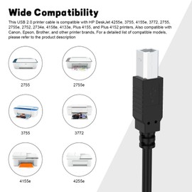 Xivip DeskJet 2855e Printer Cable USB 2.0 Cord Compatible with HP DeskJet 4255e, 3755, 4155e, 3772, 2755, 2755e, 2752, 2734e, 4158e, 4133e, Plus 4155, Plus 4152 Printer (5 FT)
