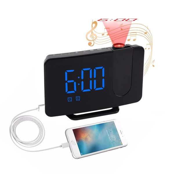 Projection Alarm Clock Radio, CestMall Digital Alarm Clock with USB Charger/Projection on Ceiling, Loud Dual Alarm Clock, Simple Projector Alarm Clock for Heavy Sleepers Adults Elderly Bedroom Bedside